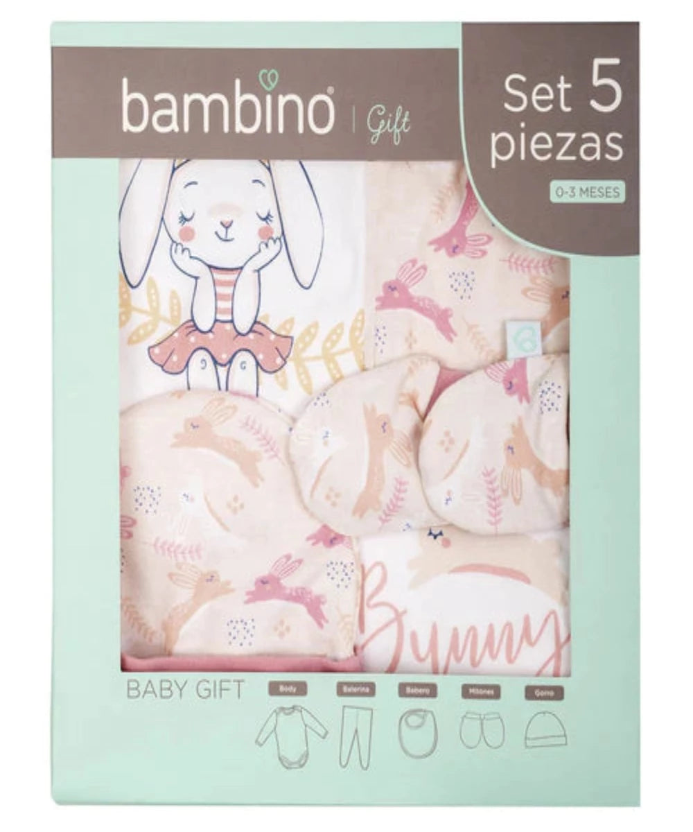 Set Bambino Niña 5 Piezas 100% Algodón (0 a 3 meses)